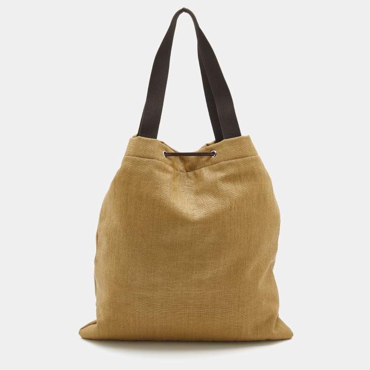 Pre Owned Yves Saint Laurent Beige/Brown Straw and Leather Drawstring Tote