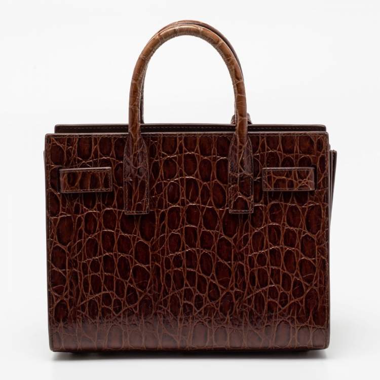 Pre Owned Saint Laurent Brown Croc Embossed Leather Nano Classic Sac De Jour Tote