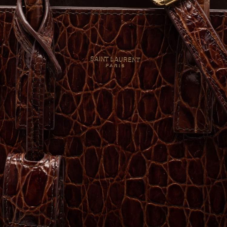 Pre Owned Saint Laurent Brown Croc Embossed Leather Nano Classic Sac De Jour Tote