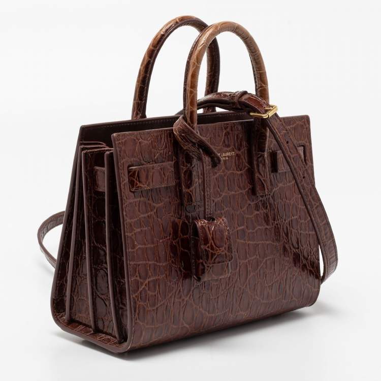 Pre Owned Saint Laurent Brown Croc Embossed Leather Nano Classic Sac De Jour Tote