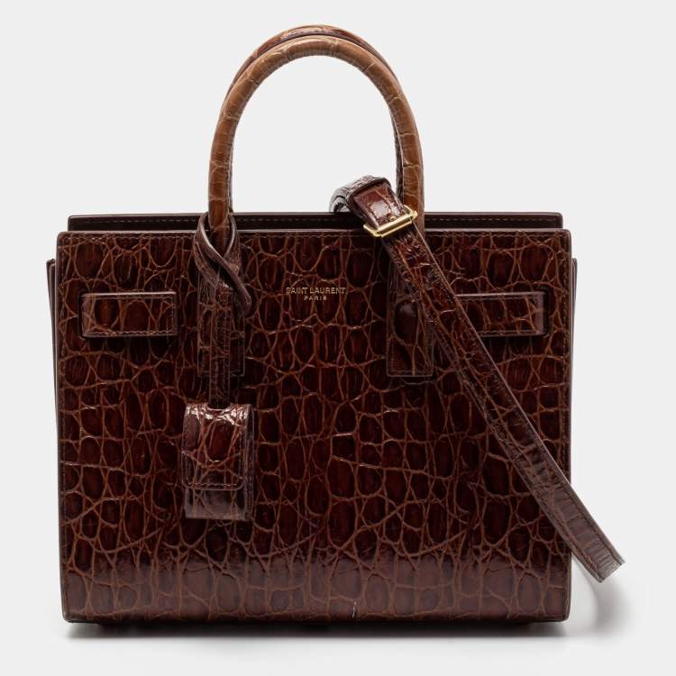 Pre Owned Saint Laurent Brown Croc Embossed Leather Nano Classic Sac De Jour Tote