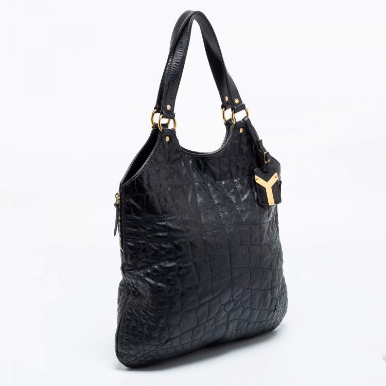 Pre Owned Yves Saint Laurent Black Croc Embossed Leather Tribute Tote