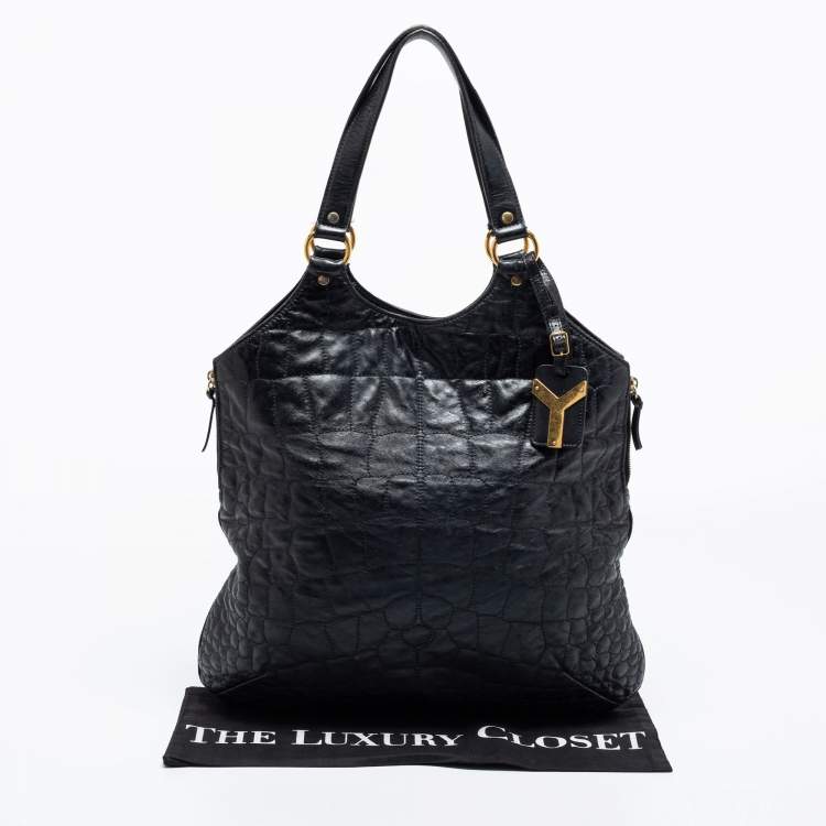 Pre Owned Yves Saint Laurent Black Croc Embossed Leather Tribute Tote