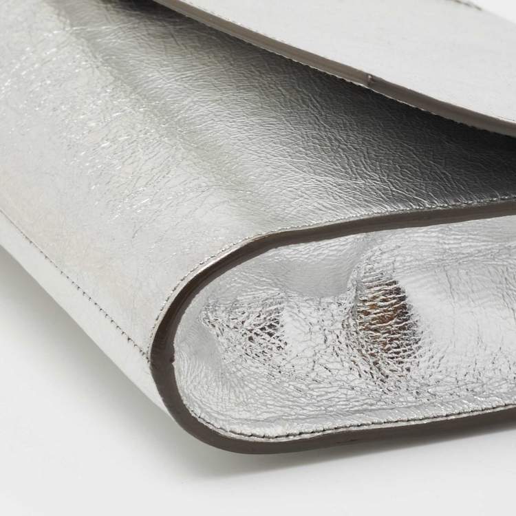 Pre Owned YVES Saint Laurent Silver Leather Cassandre Clutch