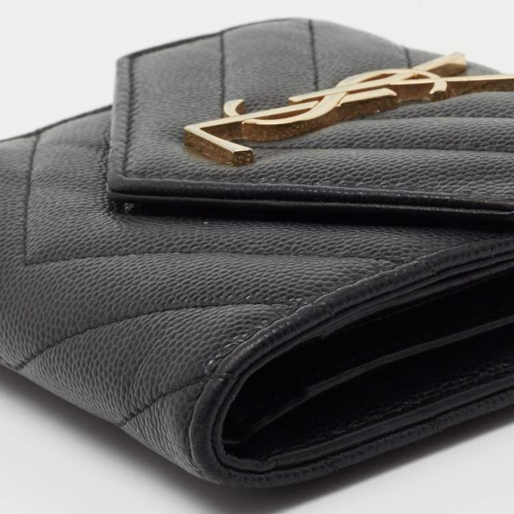 Pre Owned Saint Laurent Black Matelasse Leather Monogram Trifold Wallet