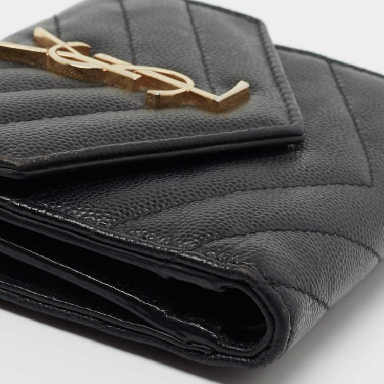 Pre Owned Saint Laurent Black Matelasse Leather Monogram Trifold Wallet