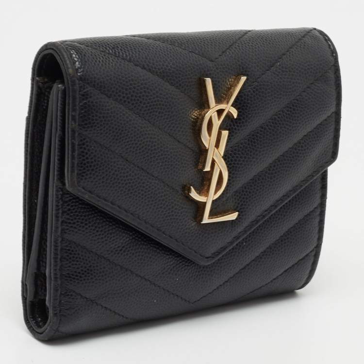 Pre Owned Saint Laurent Black Matelasse Leather Monogram Trifold Wallet