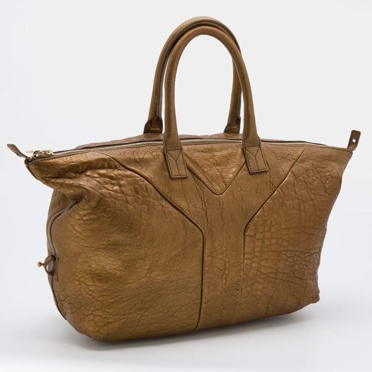 Pre Owned Yves Saint Laurent Metallic Gold Textured Leather Easy Y Satchel