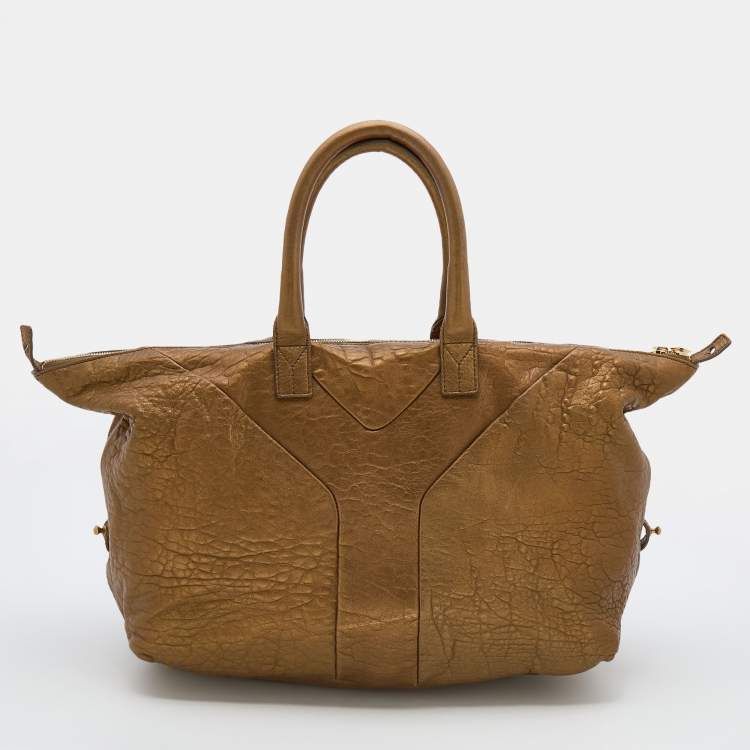 Pre Owned Yves Saint Laurent Metallic Gold Textured Leather Easy Y Satchel