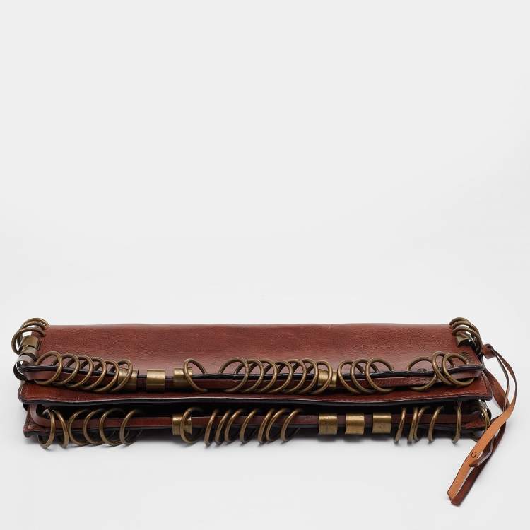 Pre Owned Yves Saint Laurent Brown Leather Ring Studded Clutch