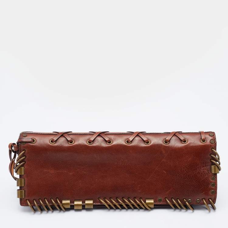 Pre Owned Yves Saint Laurent Brown Leather Ring Studded Clutch
