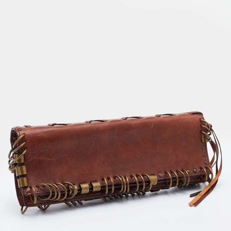 Pre Owned Yves Saint Laurent Brown Leather Ring Studded Clutch