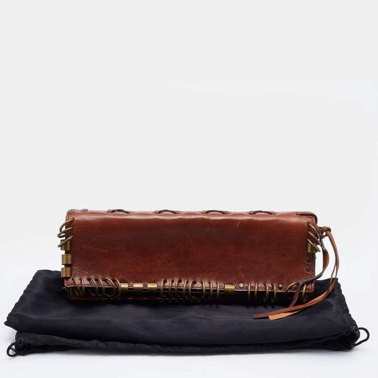 Pre Owned Yves Saint Laurent Brown Leather Ring Studded Clutch