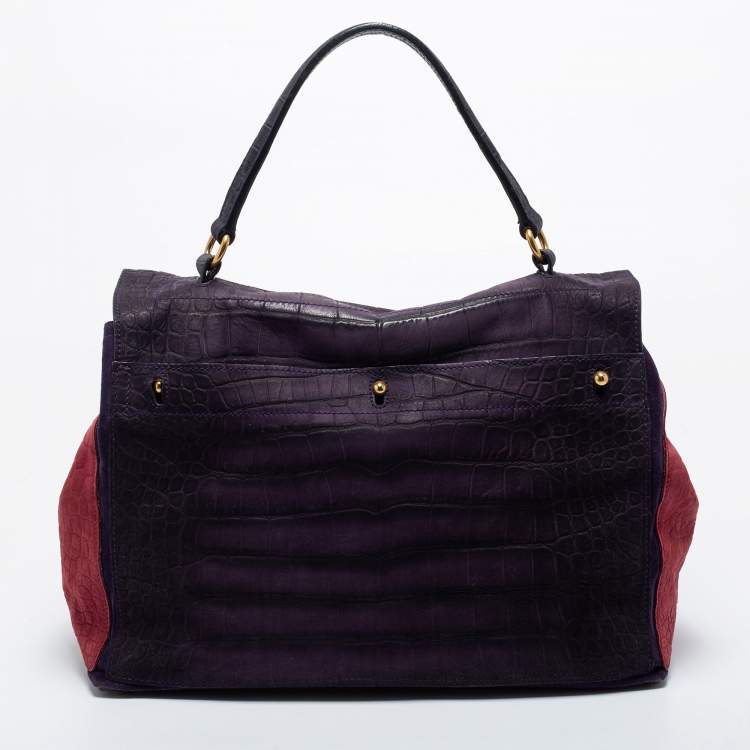 Pre Owned Yves Saint Laurent Multicolor Croc Embossed Leather and Suede Large Muse Two Top Handle Bag