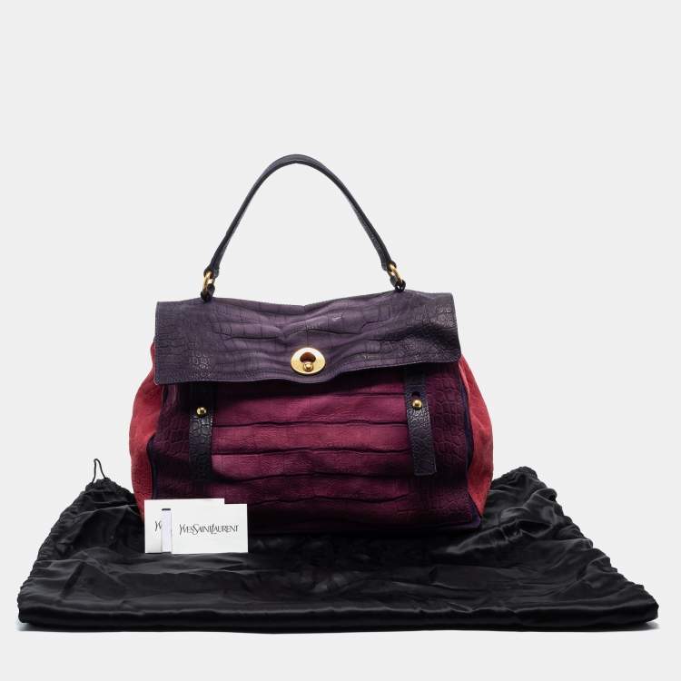 Pre Owned Yves Saint Laurent Multicolor Croc Embossed Leather and Suede Large Muse Two Top Handle Bag