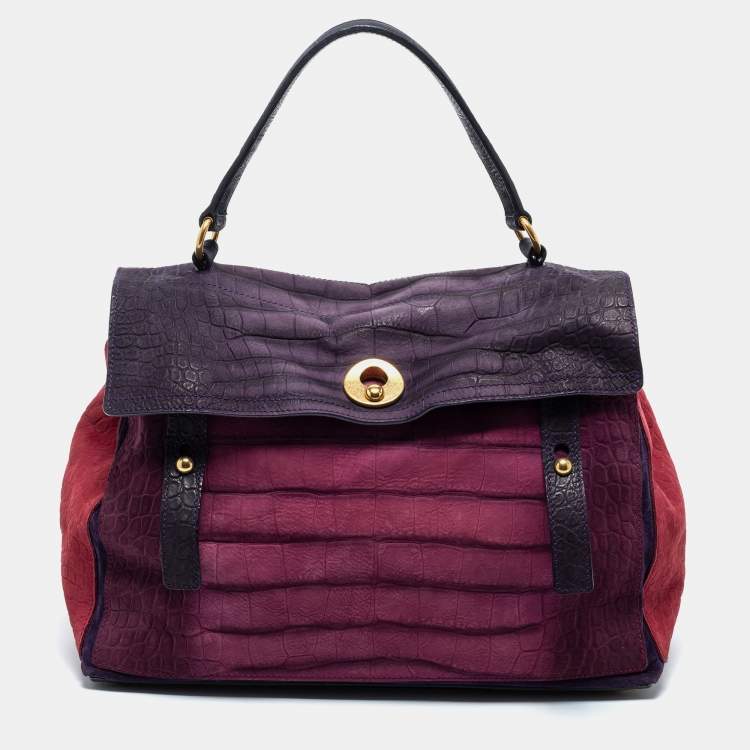 Pre Owned Yves Saint Laurent Multicolor Croc Embossed Leather and Suede Large Muse Two Top Handle Bag