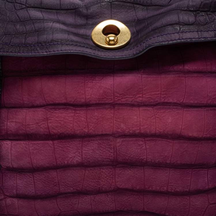 Pre Owned Yves Saint Laurent Multicolor Croc Embossed Leather and Suede Large Muse Two Top Handle Bag
