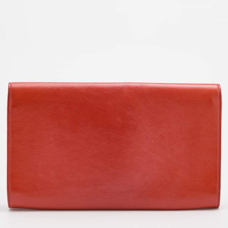 Pre Owned Yves Saint Laurent Orange Patent Leather Belle De Jour Flap Clutch