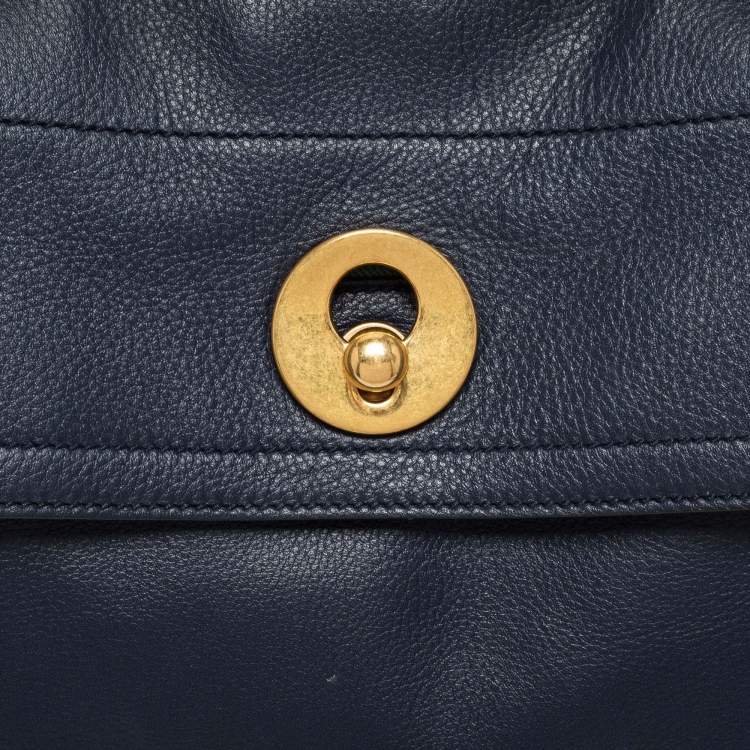 Pre Owned Yves Saint Laurent Navy Blue/Green Leather and Canvas Muse Two Top Handle Bag