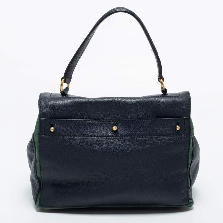Pre Owned Yves Saint Laurent Navy Blue/Green Leather and Canvas Muse Two Top Handle Bag