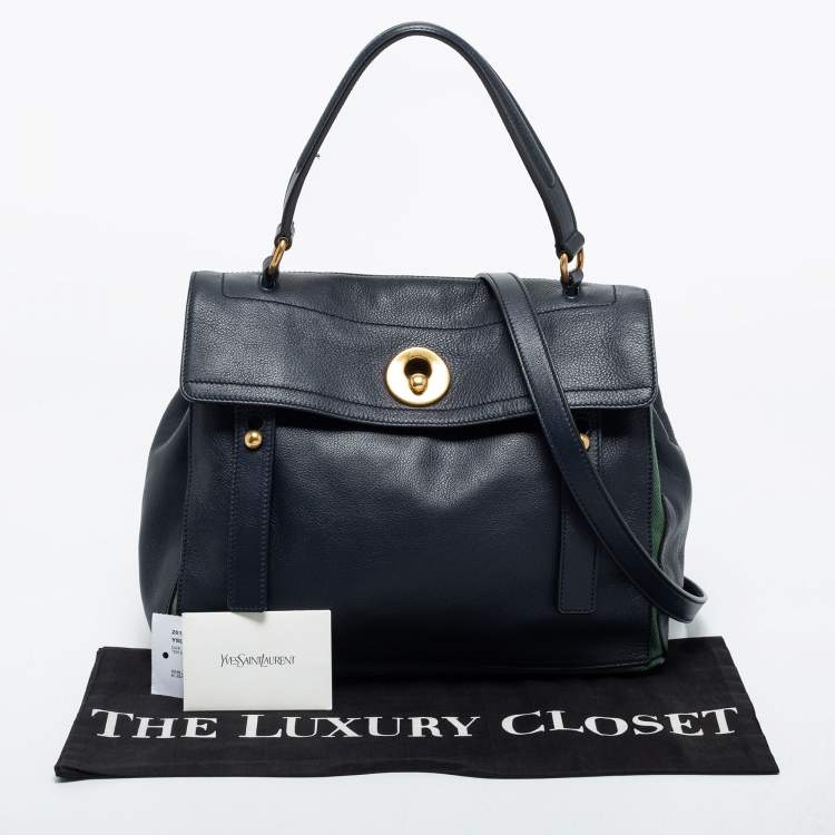 Pre Owned Yves Saint Laurent Navy Blue/Green Leather and Canvas Muse Two Top Handle Bag