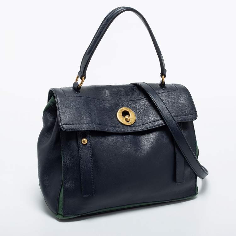 Pre Owned Yves Saint Laurent Navy Blue/Green Leather and Canvas Muse Two Top Handle Bag