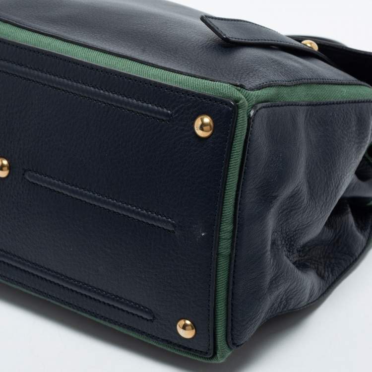 Pre Owned Yves Saint Laurent Navy Blue/Green Leather and Canvas Muse Two Top Handle Bag