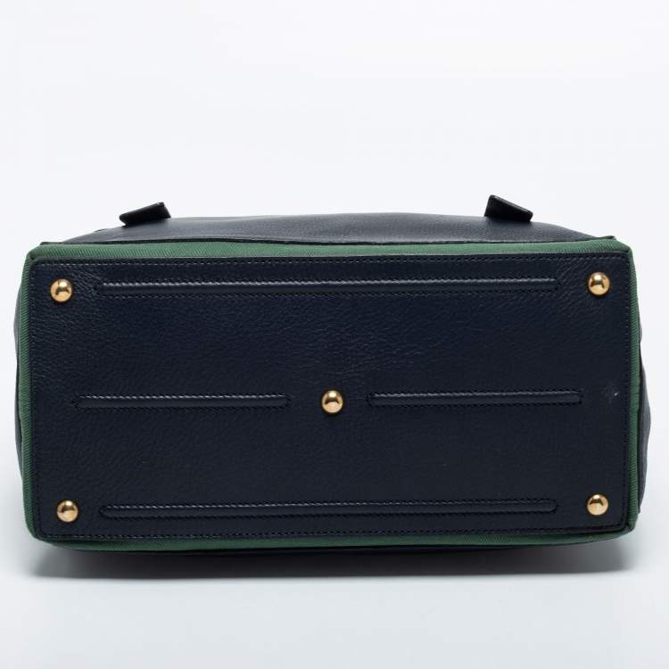 Pre Owned Yves Saint Laurent Navy Blue/Green Leather and Canvas Muse Two Top Handle Bag