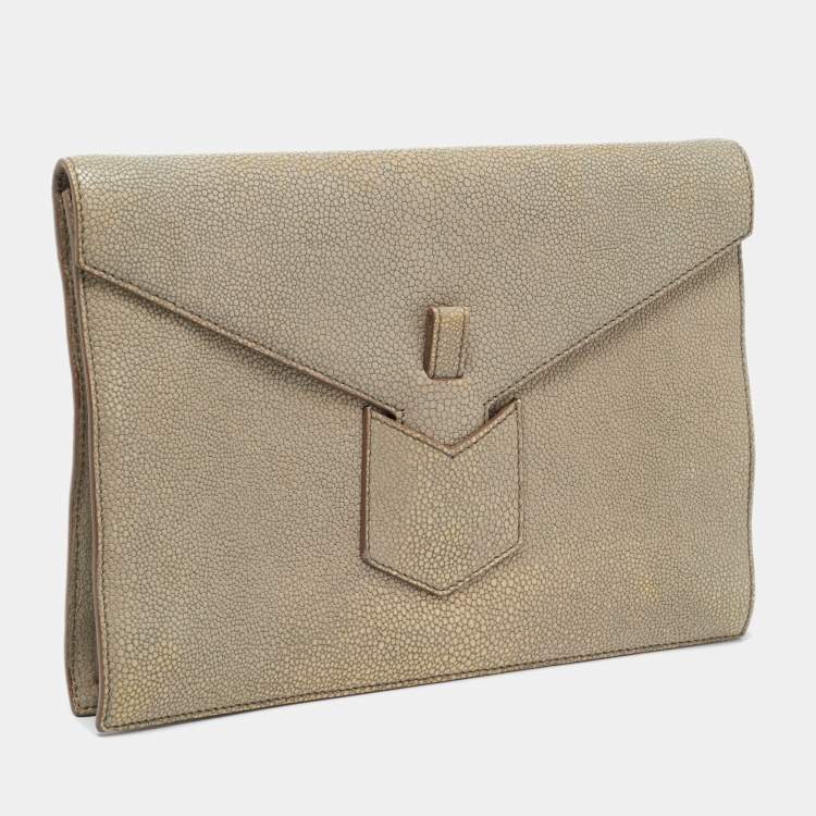 Pre Owned Yves Saint Laurent Khaki Stingray Embossed Leather Envelope Clutch