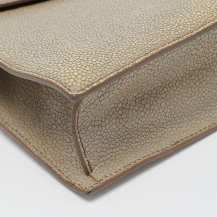 Pre Owned Yves Saint Laurent Khaki Stingray Embossed Leather Envelope Clutch