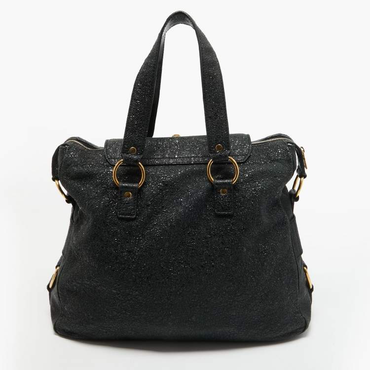 Pre Owned Yves Saint Laurent Black Crinkled Glossy Leather Muse Messenger Bag