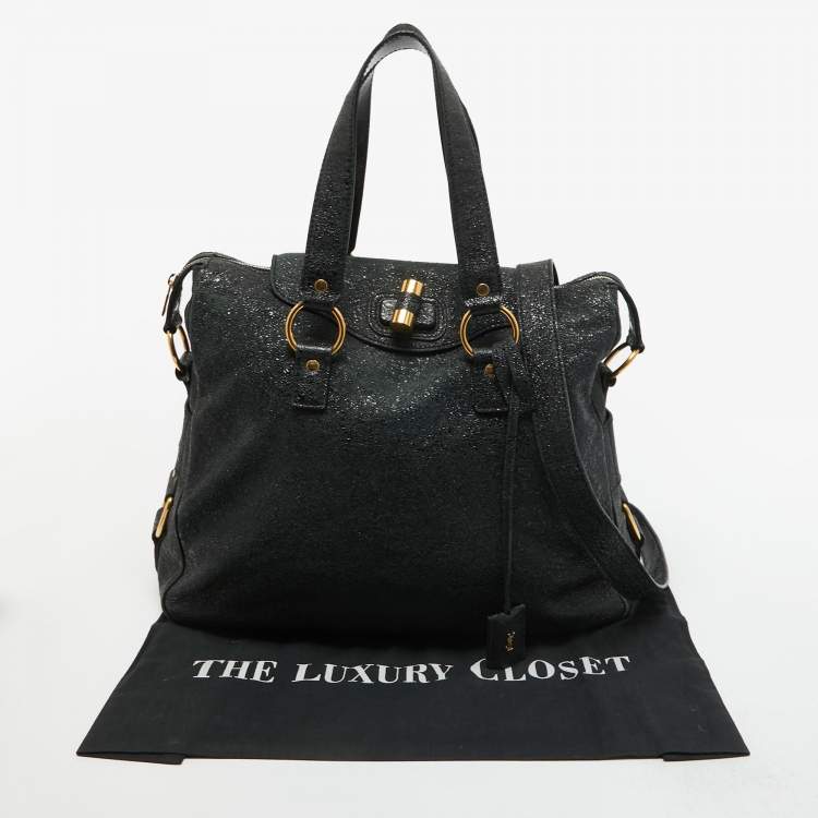 Pre Owned Yves Saint Laurent Black Crinkled Glossy Leather Muse Messenger Bag