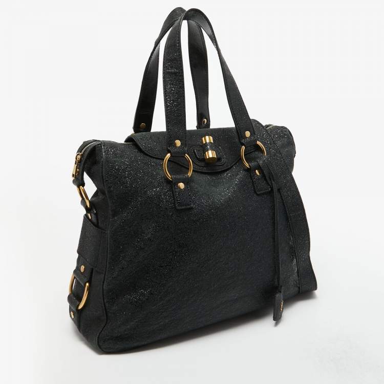 Pre Owned Yves Saint Laurent Black Crinkled Glossy Leather Muse Messenger Bag