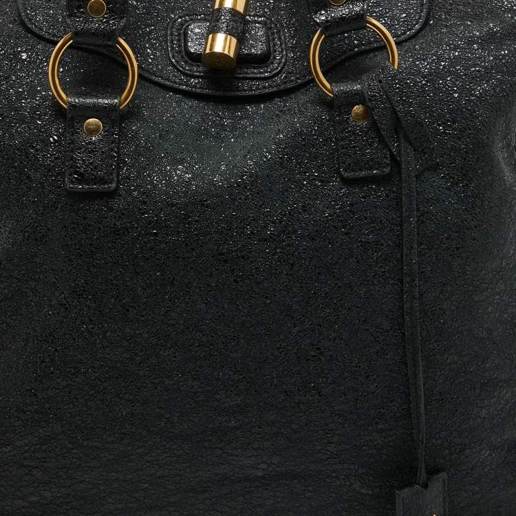 Pre Owned Yves Saint Laurent Black Crinkled Glossy Leather Muse Messenger Bag