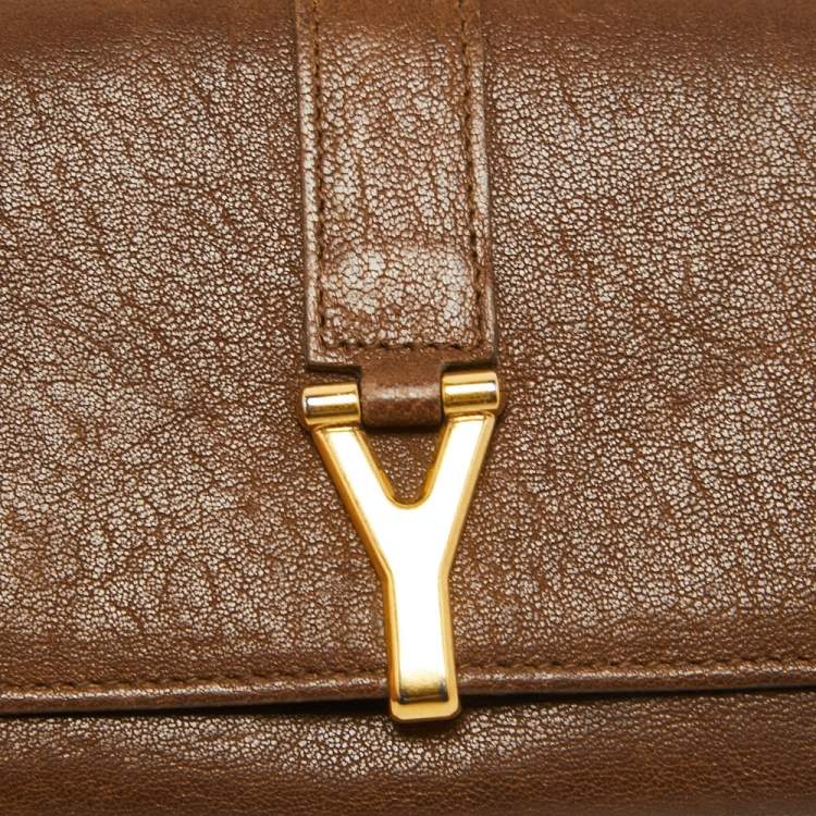 Pre Owned Yves Saint Laurent Brown Leather Y Line Flap Continental Wallet