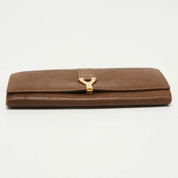 Pre Owned Yves Saint Laurent Brown Leather Y Line Flap Continental Wallet