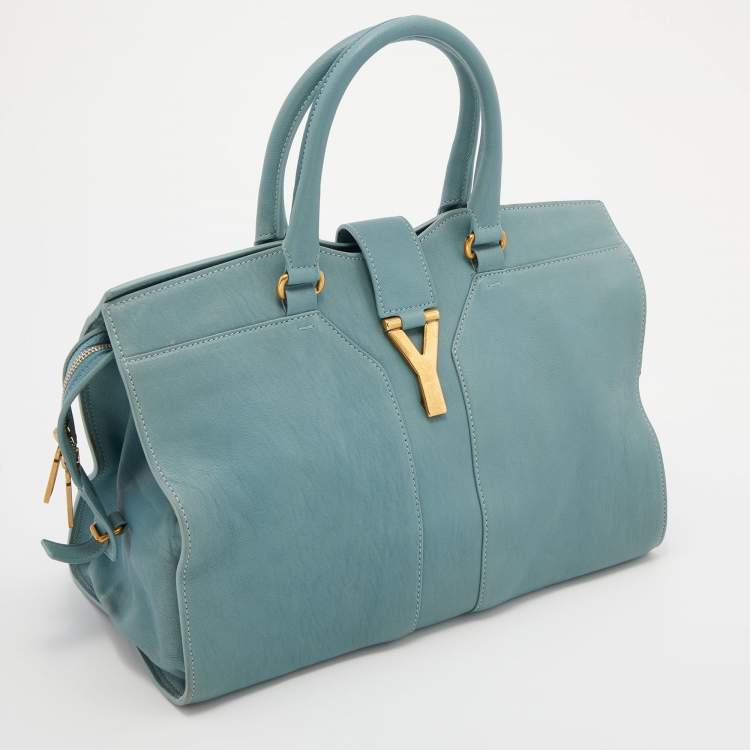 Pre Owned Yves Saint Laurent Pale Blue Leather Medium Cabas Chyc Tote