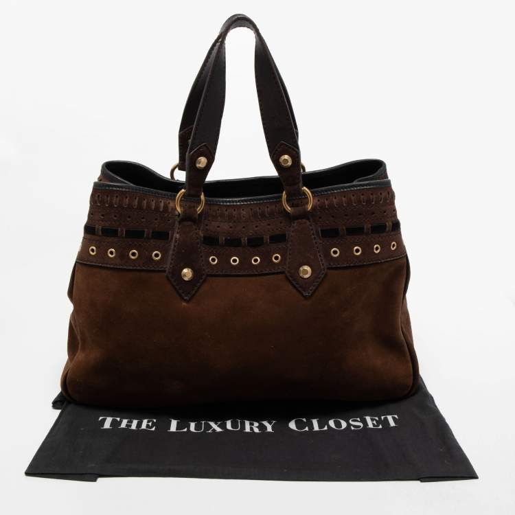Pre Owned Yves Saint Laurent Brown Suede Eyelet Embellished Tote