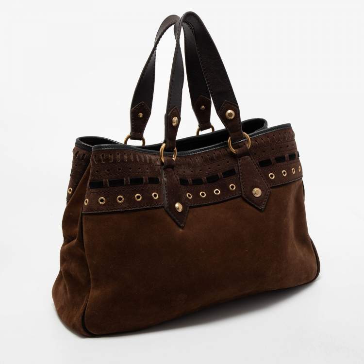 Pre Owned Yves Saint Laurent Brown Suede Eyelet Embellished Tote