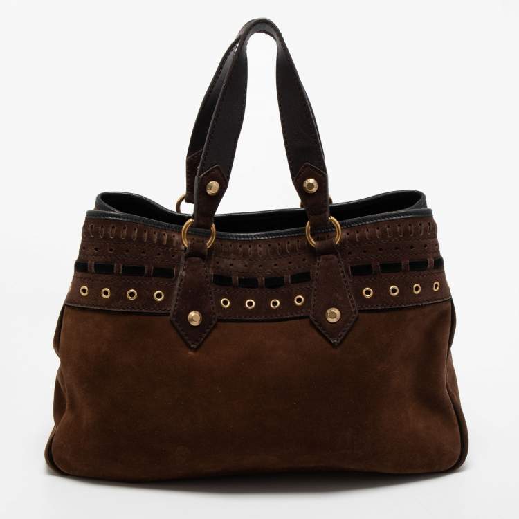 Pre Owned Yves Saint Laurent Brown Suede Eyelet Embellished Tote