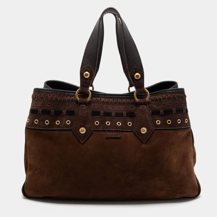 Pre Owned Yves Saint Laurent Brown Suede Eyelet Embellished Tote
