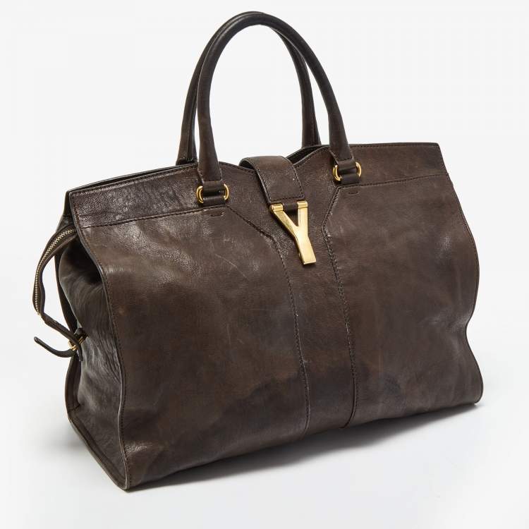 Pre Owned Yves Saint Laurent Dark Brown Leather Large Y Cabas Chyc Tote