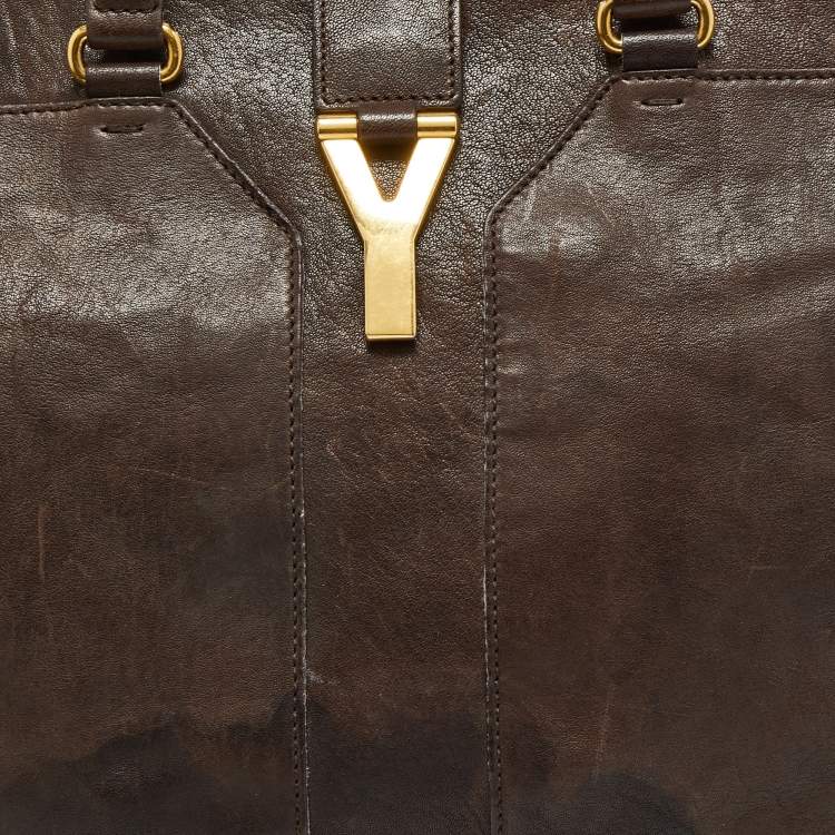Pre Owned Yves Saint Laurent Dark Brown Leather Large Y Cabas Chyc Tote