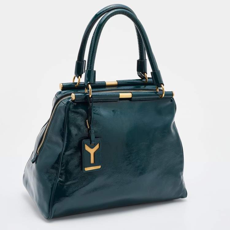 Pre Owned Yves Saint Laurent Green Patent Leather Medium Majorelle Satchel