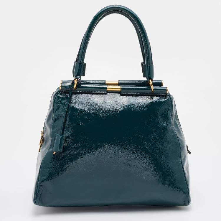 Pre Owned Yves Saint Laurent Green Patent Leather Medium Majorelle Satchel