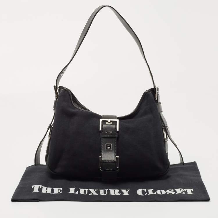 Pre Owned Yves Saint Laurent Black Canvas and Leather Buckle Flap Baguette Bag