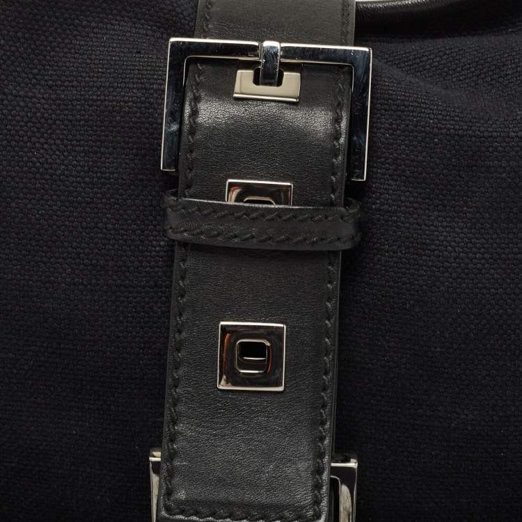 Pre Owned Yves Saint Laurent Black Canvas and Leather Buckle Flap Baguette Bag
