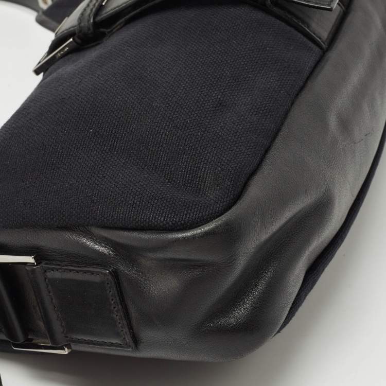 Pre Owned Yves Saint Laurent Black Canvas and Leather Buckle Flap Baguette Bag
