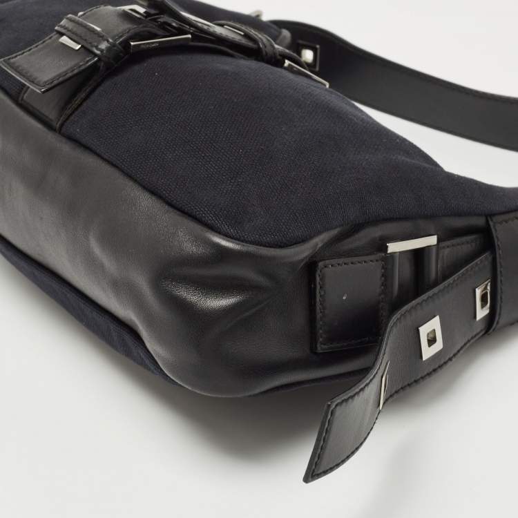 Pre Owned Yves Saint Laurent Black Canvas and Leather Buckle Flap Baguette Bag