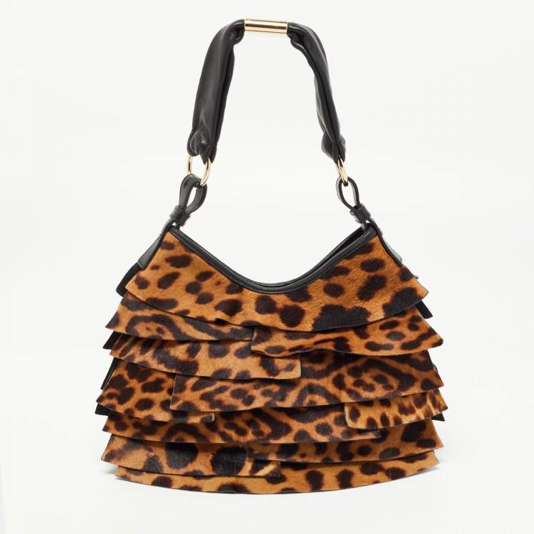 Pre Owned Yves Saint Laurent Brown/Black Leopard Pony Hair And Suede St Tropez Hobo
